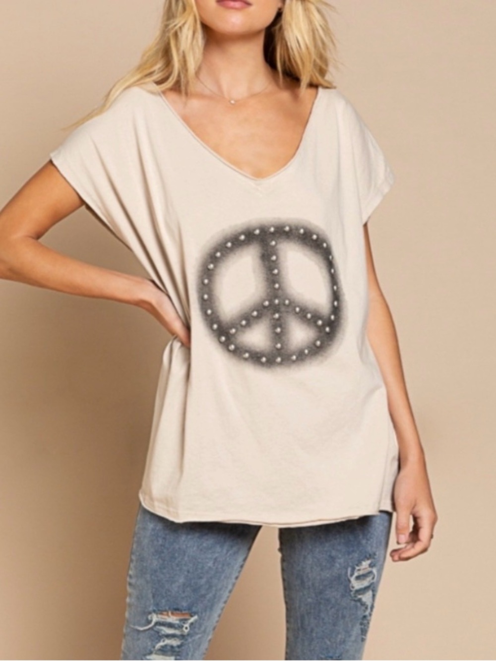 Pol Relaxed Cream V-Neck Peace oversized Cotton Shirt size:S
